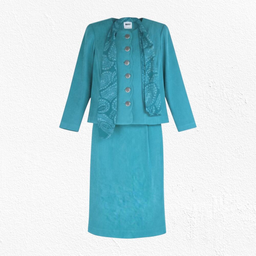Vintage 80s Teal Faux Suede Leslie Fay Skirt Suit Set Paisley Scarf Size 10P